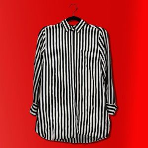 Silk Black and White Striped Button Up